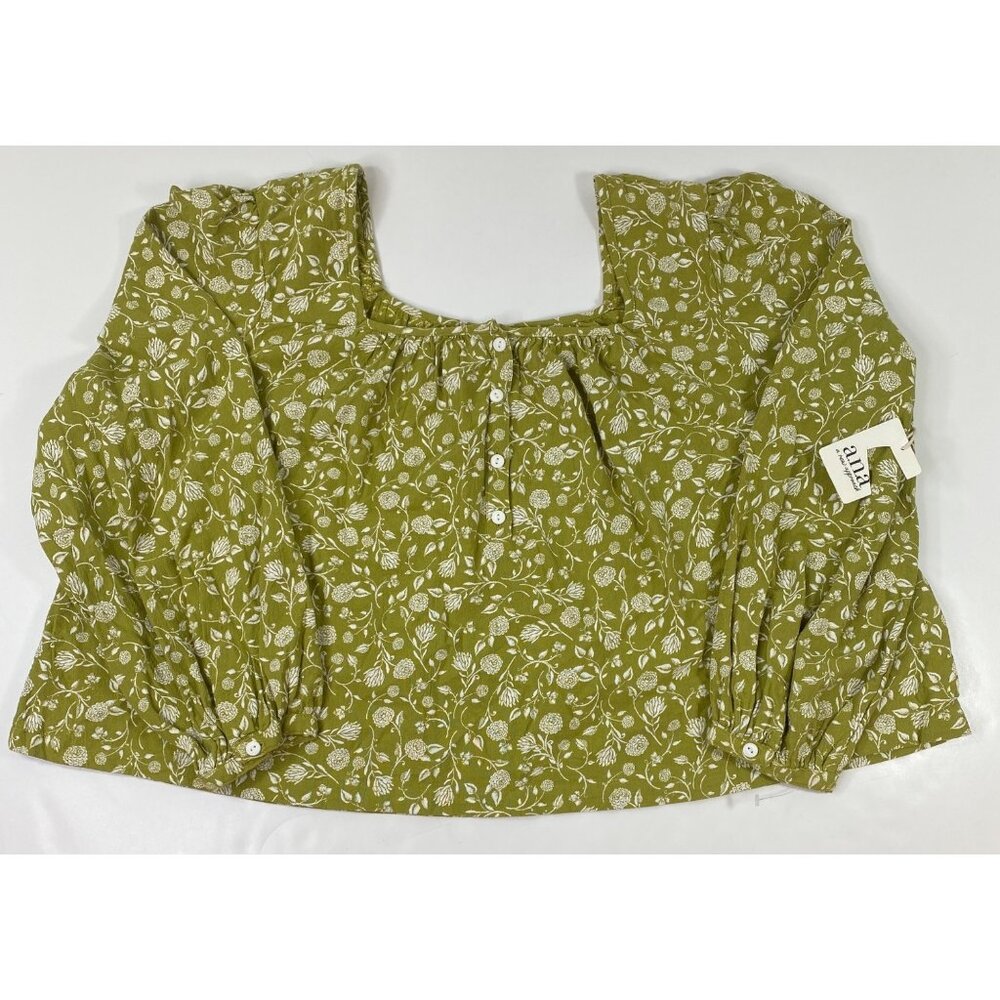 Ana Womens Green Floral Peasant Blouse With Square Neck Button Details Size PXL